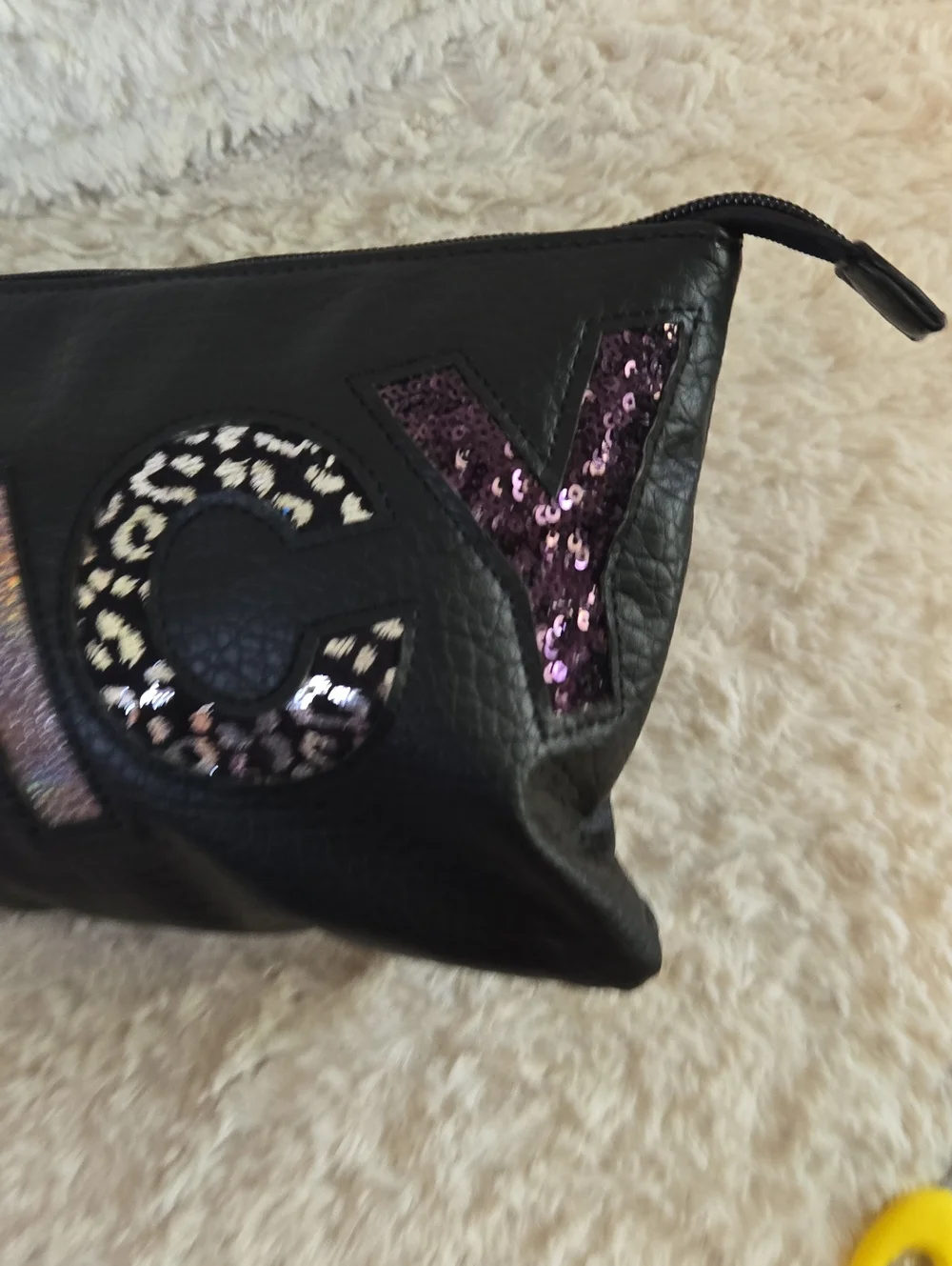 Juicy Couture Black Sequin Logo Wristlet with Purple Accents EUC
